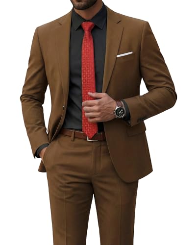 Men's 2 Piece Suit with Tie, One Button Slim Fit Solid Jacket and Pants Set, Khaki