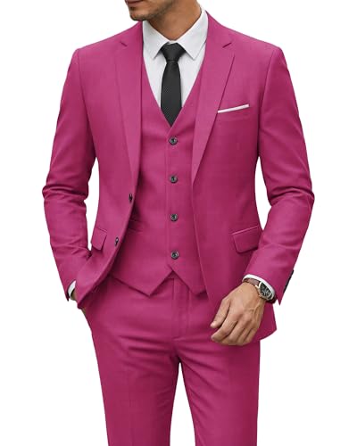 Men's 3 Piece Suit Set with Tie, 2 Button Slim Fit Solid Blazer Jacket Vest Pants, Fuchsia